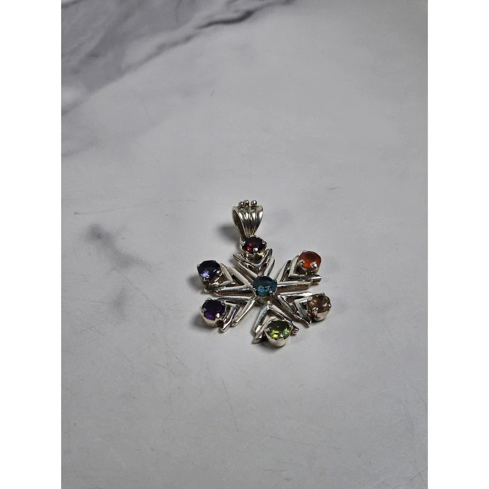 Vintage Sterling Silver Multistone Snowflake Pendant | Colorful Gemstone Charm - Picture 4 of 7